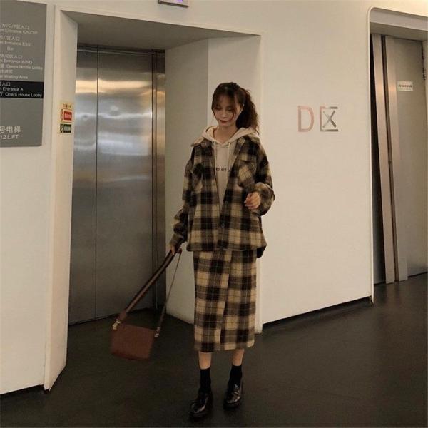 レディース　上下2点セット　ロングシャツ　ロングスカート　チェック柄　ハイウエスト　長袖　ミモレ丈　カジュアル　キュート　可愛い　フェミニン　きれいめ　上品　エレガント　おしゃれ　お出かけ　オフィス　お呼ばれ　ブラウン　ブラック　S　M　サイズ　送料無料