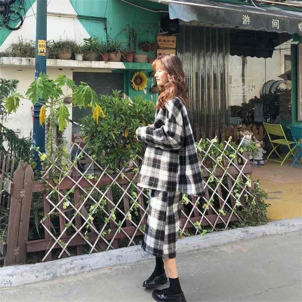 レディース　上下2点セット　ロングシャツ　ロングスカート　チェック柄　ハイウエスト　長袖　ミモレ丈　カジュアル　キュート　可愛い　フェミニン　きれいめ　上品　エレガント　おしゃれ　お出かけ　オフィス　お呼ばれ　ブラウン　ブラック　S　M　サイズ　送料無料