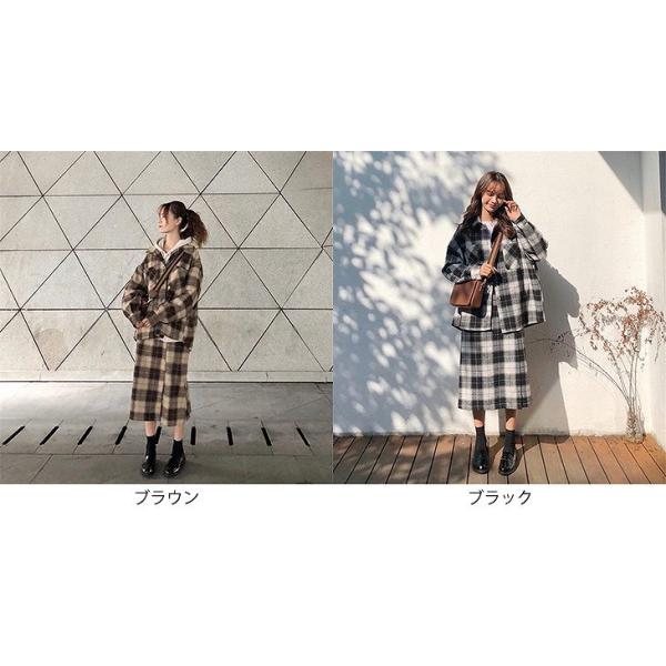 レディース　上下2点セット　ロングシャツ　ロングスカート　チェック柄　ハイウエスト　長袖　ミモレ丈　カジュアル　キュート　可愛い　フェミニン　きれいめ　上品　エレガント　おしゃれ　お出かけ　オフィス　お呼ばれ　ブラウン　ブラック　S　M　サイズ　送料無料
