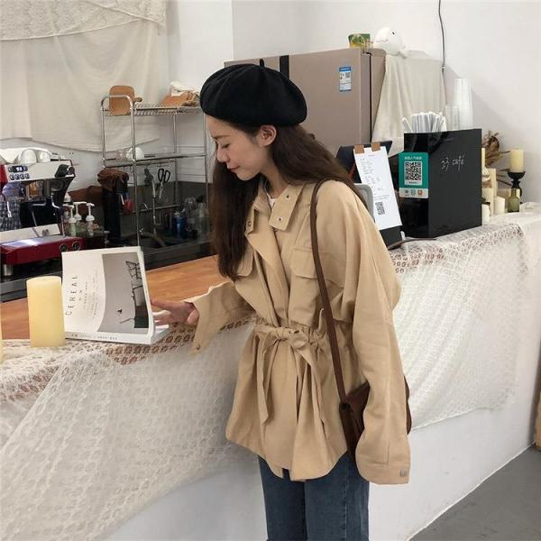 レディース　コート　ショート丈　腰紐　ジャケット　アウター　秋　冬　カジュアル　キュート　大人　可愛い　大人女子　フェミニン　きれいめ　エレガント　おしゃれ　お出かけ　お呼ばれ　デイリー　オフィス　ブラック　カーキ　フリーサイズ　送料無料