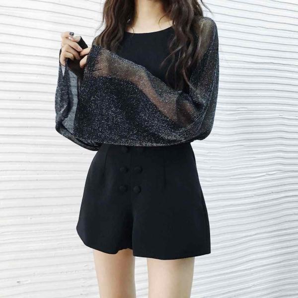 レディース　ブラウス　フレアスリーブ　透け素材　透け感　カットソー　長袖　トップス　カジュアル　キュート　可愛い　フェミニン　きれいめ　上品　エレガント　おしゃれ　お出かけ　オフィス　デート　デイリー　ブラック　ホワイト　フリーサイズ　送料無料