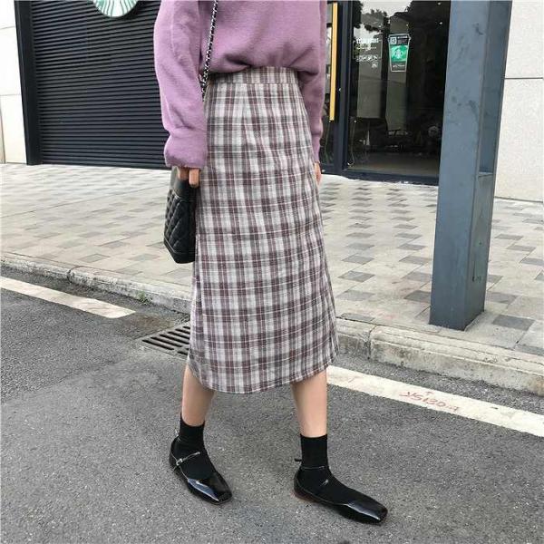 レディース　ロングスカート　チェック柄　ハイウエスト　タイト　ミモレ丈　秋　冬　ボトムス　カジュアル　キュート　大人　可愛い　フェミニン　きれいめ　おしゃれ　お出かけ　デイリー　二次会　お呼ばれ　ブラウン　グレー　S　M　L　サイズ　送料無料