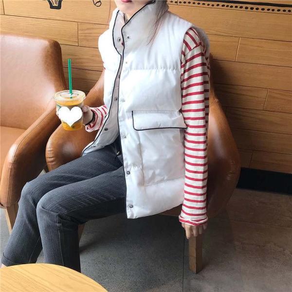 レディース　アウター　中綿　ベスト　ノースリーブ　無地　ポケット　スタンドカラー　カジュアル　大人可愛い　フェミニン　スポーツ　ジョギング　お出かけ　デート　デイリー　ブラック　ホワイト　フリーサイズ　送料無料