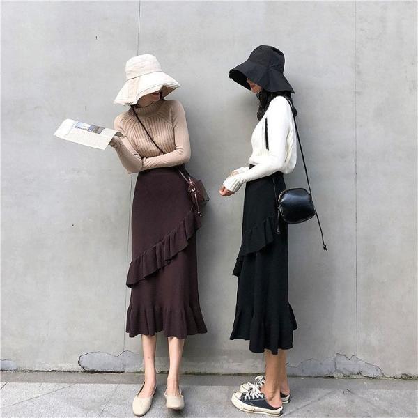レディース　スカート　ロング　斜めフリル　ハイウエスト　無地　カジュアル　大人可愛い　ラフスタイル　フェミニン　オフィス　お出かけ　デート　デイリー　ブラウン　ブラック　フリーサイズ　送料無料
