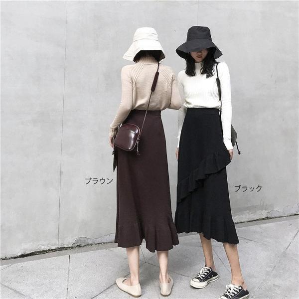 レディース　スカート　ロング　斜めフリル　ハイウエスト　無地　カジュアル　大人可愛い　ラフスタイル　フェミニン　オフィス　お出かけ　デート　デイリー　ブラウン　ブラック　フリーサイズ　送料無料
