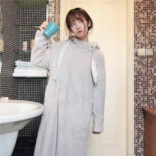 レディース　トップス　ロング　パーカー　もこもこ　フード付き　長袖　ポケット　無地　カジュアル　大人可愛い　フェミニン　ルームウェア　ナイトウェア　リラックス　ルーズ　デイリー　グレー　ピンク　フリーサイズ　送料無料