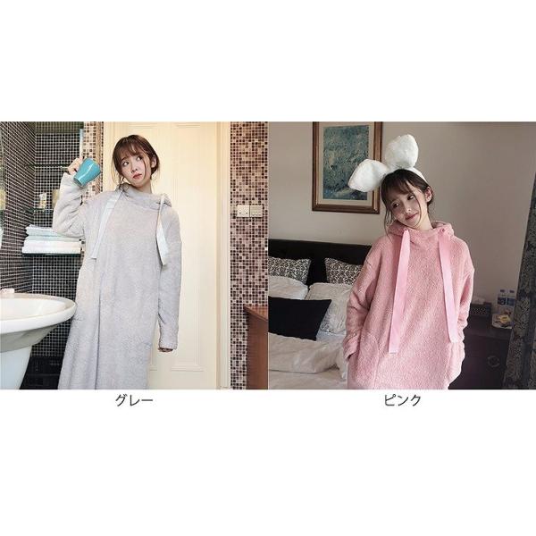 レディース　トップス　ロング　パーカー　もこもこ　フード付き　長袖　ポケット　無地　カジュアル　大人可愛い　フェミニン　ルームウェア　ナイトウェア　リラックス　ルーズ　デイリー　グレー　ピンク　フリーサイズ　送料無料