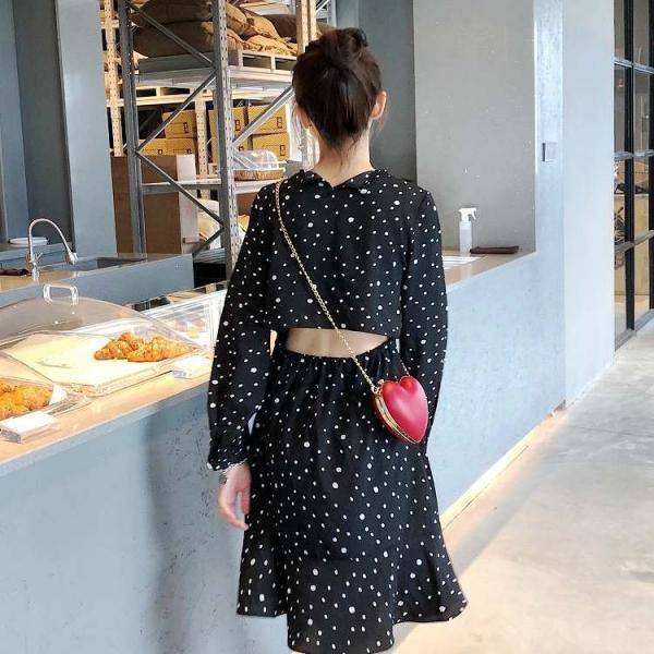 レディース　ワンピース　長袖　ミニワンピ　Aライン　バックオープン　Vネック　ドット柄　水玉　カジュアル　大人可愛い　フェミニン　オフィス　お出かけ　デート　デイリー　ブラック　フリーサイズ　送料無料