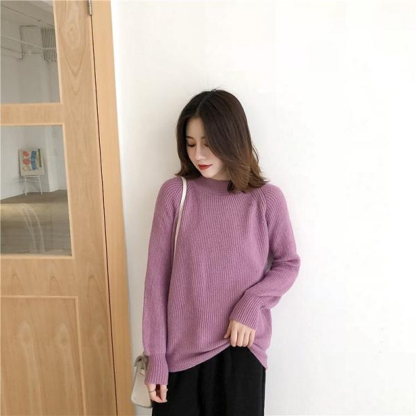 レディース　トップス　ニット　セーター　クルーネック　長袖　定番　人気　無地　カジュアル　大人可愛い　ラフスタイル　お出かけ　デート　デイリー　ブラック　カーキ　ベージュ　ホワイト　ピンク　パープル　フリーサイズ　送料無料