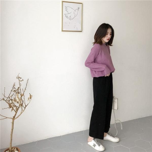 レディース　トップス　ニット　セーター　クルーネック　長袖　定番　人気　無地　カジュアル　大人可愛い　ラフスタイル　お出かけ　デート　デイリー　ブラック　カーキ　ベージュ　ホワイト　ピンク　パープル　フリーサイズ　送料無料