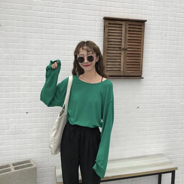 レディース　トップス　カットソー　薄手　ラウンドネック　バッククロス　12分袖　無地　カジュアル　大人可愛い　ラフスタイル　お出かけ　デート　デイリー　グリーン　ブラック　ホワイト　フリーサイズ　送料無料