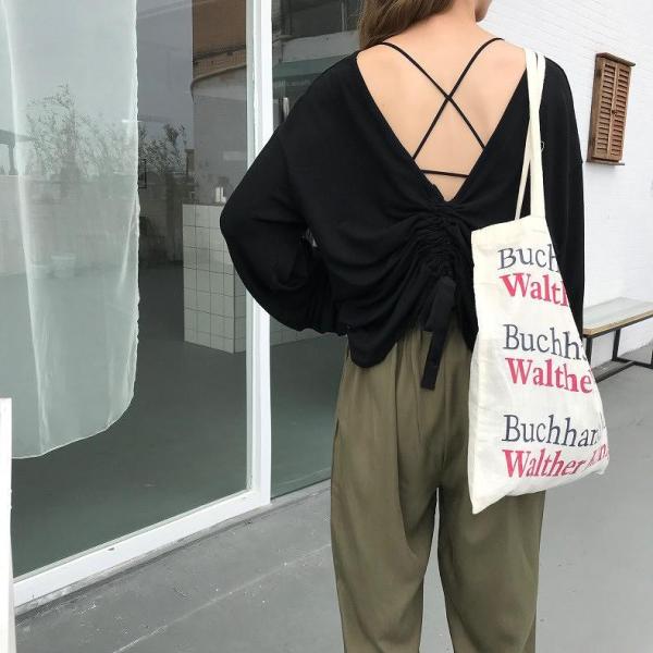 レディース　トップス　カットソー　薄手　ラウンドネック　バッククロス　12分袖　無地　カジュアル　大人可愛い　ラフスタイル　お出かけ　デート　デイリー　グリーン　ブラック　ホワイト　フリーサイズ　送料無料