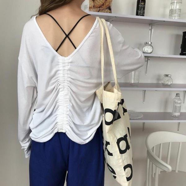 レディース　トップス　カットソー　薄手　ラウンドネック　バッククロス　12分袖　無地　カジュアル　大人可愛い　ラフスタイル　お出かけ　デート　デイリー　グリーン　ブラック　ホワイト　フリーサイズ　送料無料