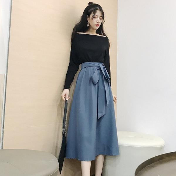 レディース　オフショルダー　カットソー　長袖　スカート　ロング　フレア　ハイウエスト　リボン　無地　カジュアル　大人可愛い　ラフスタイル　フェミニン　オフィス　お出かけ　デート　デイリー　ブルー　イエロー　フリーサイズ　送料無料