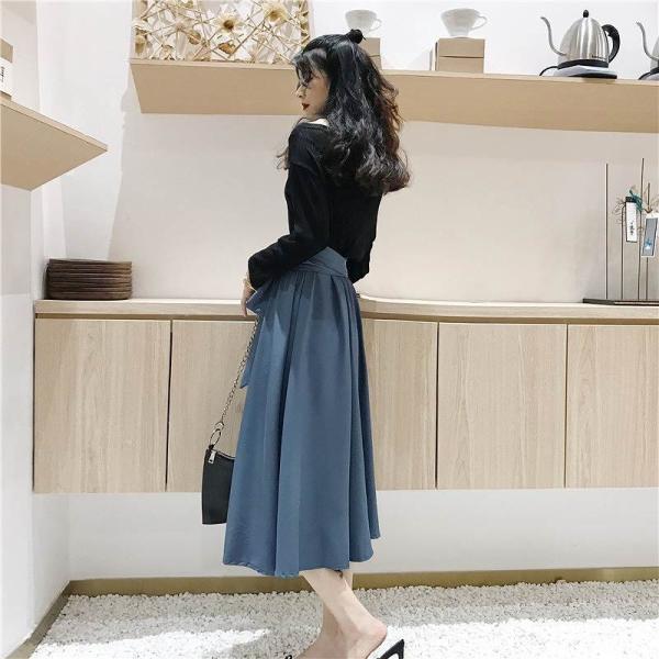 レディース　オフショルダー　カットソー　長袖　スカート　ロング　フレア　ハイウエスト　リボン　無地　カジュアル　大人可愛い　ラフスタイル　フェミニン　オフィス　お出かけ　デート　デイリー　ブルー　イエロー　フリーサイズ　送料無料