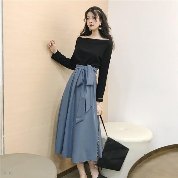 レディース　オフショルダー　カットソー　長袖　スカート　ロング　フレア　ハイウエスト　リボン　無地　カジュアル　大人可愛い　ラフスタイル　フェミニン　オフィス　お出かけ　デート　デイリー　ブルー　イエロー　フリーサイズ　送料無料