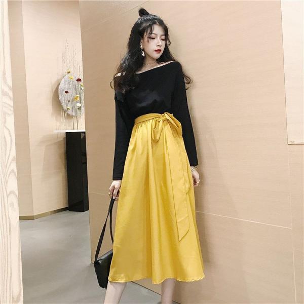 レディース　オフショルダー　カットソー　長袖　スカート　ロング　フレア　ハイウエスト　リボン　無地　カジュアル　大人可愛い　ラフスタイル　フェミニン　オフィス　お出かけ　デート　デイリー　ブルー　イエロー　フリーサイズ　送料無料