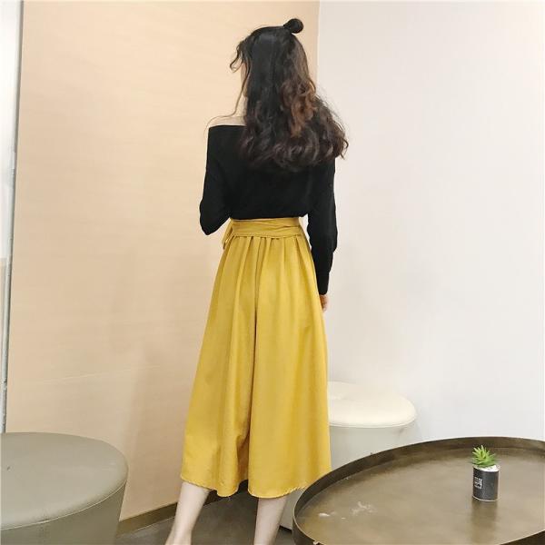 レディース　オフショルダー　カットソー　長袖　スカート　ロング　フレア　ハイウエスト　リボン　無地　カジュアル　大人可愛い　ラフスタイル　フェミニン　オフィス　お出かけ　デート　デイリー　ブルー　イエロー　フリーサイズ　送料無料