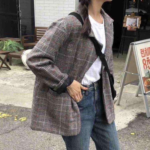 レディース　アウター　ジャケット　コート　チェック　長袖　ロング丈　ショート丈　秋冬　カジュアル　大人可愛い　フェミニン　オフィス　お出かけ　デート　デイリー　ブラウン　フリーサイズ　送料無料