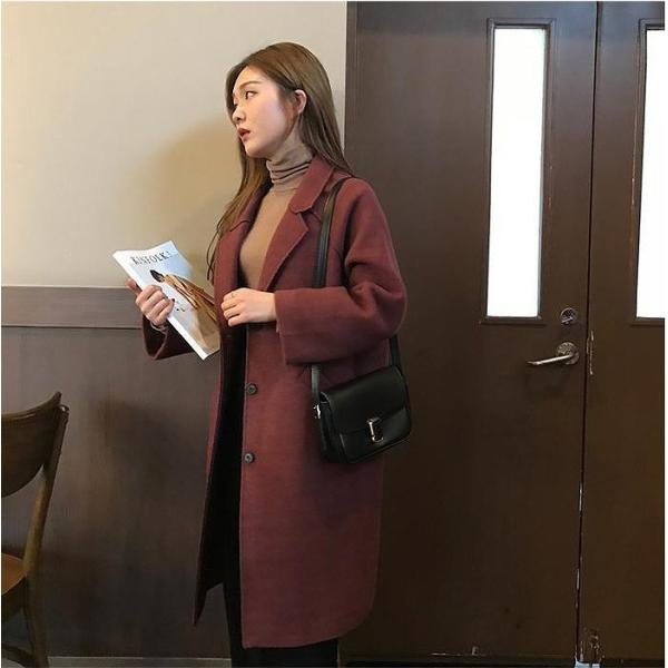 レディース　アウター　コート　ロング　長袖　無地　定番　カジュアル　大人可愛い　フェミニン　通勤　通学　お出かけ　デート　デイリー　ワイン　ワンサイズ　送料無料