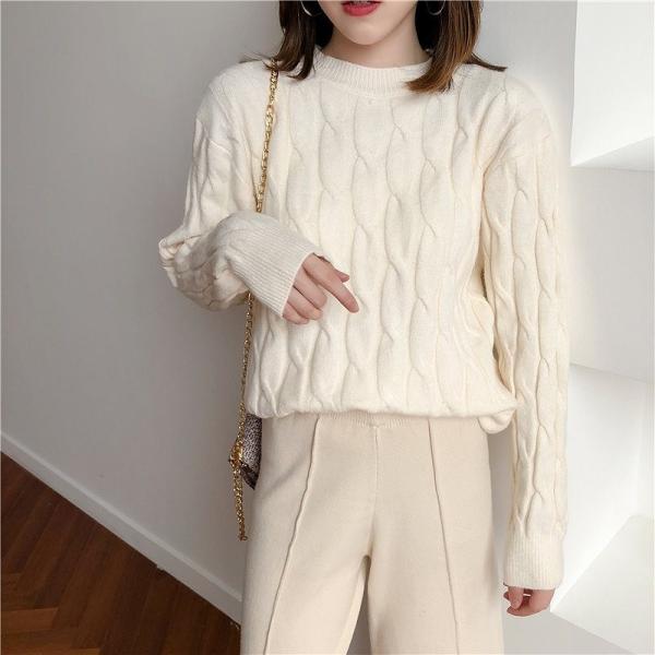 レディース　トップス　ケーブルニット　セーター　クルーネック　長袖　定番　人気　無地　カジュアル　大人可愛い　オフィス　お出かけ　デート　デイリー　グリーン　ピンク　ホワイト　ベージュ　ブルー　オレンジ　フリーサイズ　送料無料