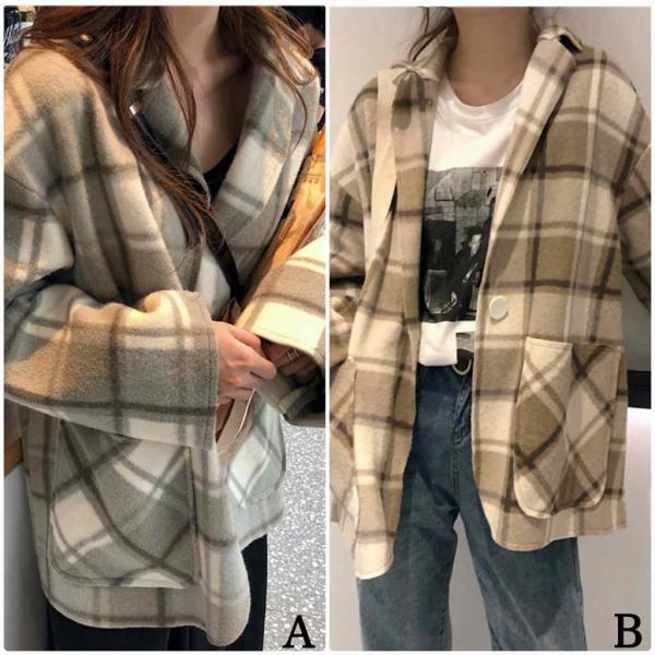 レディース　ウールコート　チェック柄　アウター　ジャケット　秋　冬　カジュアル　キュート　大人　可愛い　大人女子　フェミニン　きれいめ　エレガント　おしゃれ　お出かけ　お呼ばれ　デイリー　オフィス　グリーン　ブラウン　フリーサイズ　送料無料