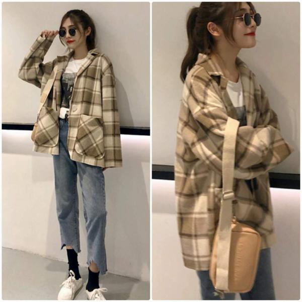 レディース　ウールコート　チェック柄　アウター　ジャケット　秋　冬　カジュアル　キュート　大人　可愛い　大人女子　フェミニン　きれいめ　エレガント　おしゃれ　お出かけ　お呼ばれ　デイリー　オフィス　グリーン　ブラウン　フリーサイズ　送料無料