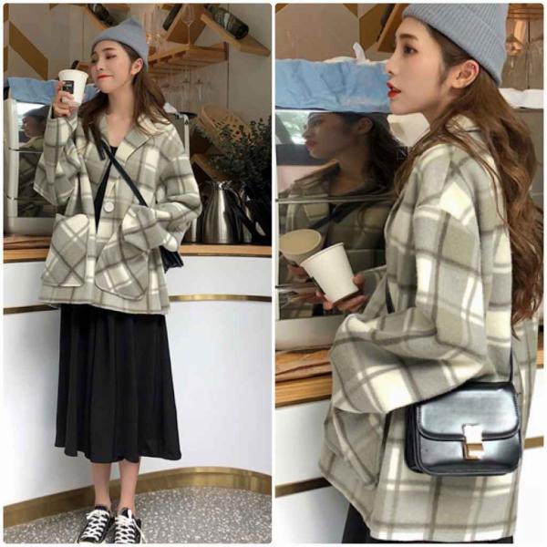 レディース　ウールコート　チェック柄　アウター　ジャケット　秋　冬　カジュアル　キュート　大人　可愛い　大人女子　フェミニン　きれいめ　エレガント　おしゃれ　お出かけ　お呼ばれ　デイリー　オフィス　グリーン　ブラウン　フリーサイズ　送料無料
