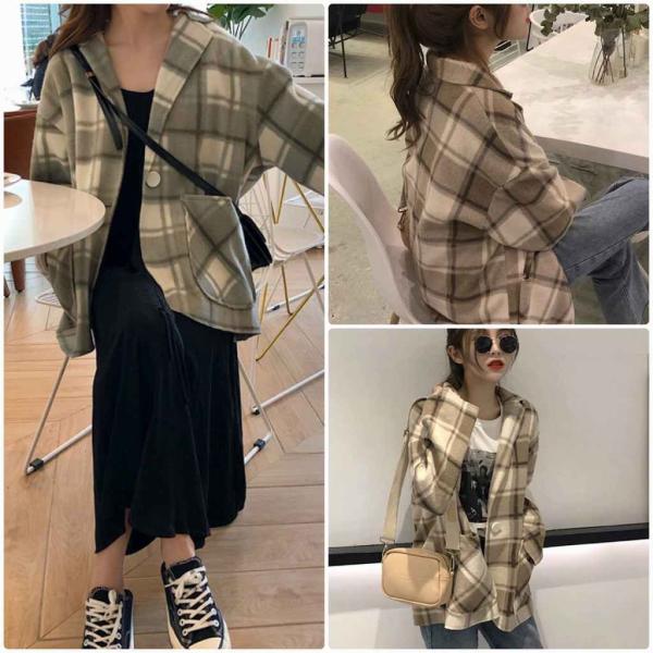 レディース　ウールコート　チェック柄　アウター　ジャケット　秋　冬　カジュアル　キュート　大人　可愛い　大人女子　フェミニン　きれいめ　エレガント　おしゃれ　お出かけ　お呼ばれ　デイリー　オフィス　グリーン　ブラウン　フリーサイズ　送料無料