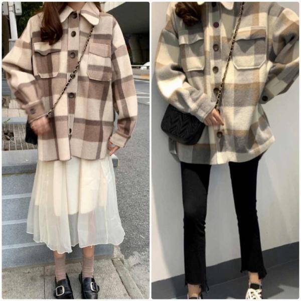 レディース　シャツジャケット　チェック柄　オーバーサイズ　アウター　ジャケット　秋　冬　カジュアル　キュート　大人　可愛い　大人女子　フェミニン　きれいめ　エレガント　おしゃれ　お出かけ　お呼ばれ　デイリー　ブラウン　グレー　フリーサイズ　送料無料