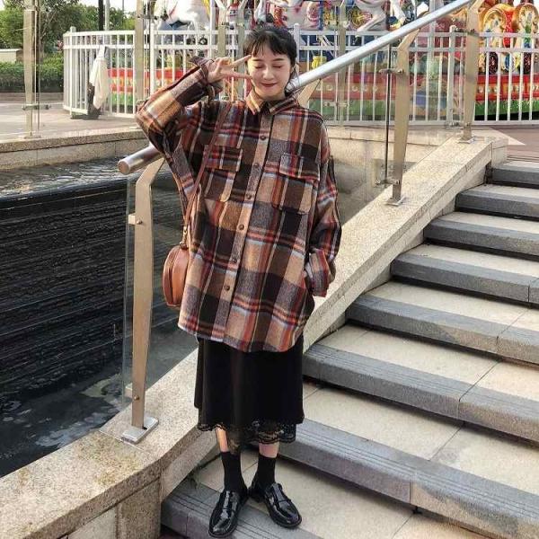 レディース　上下別売り　シャツ　ロング丈　チェック柄　スカート　レース　ミモレ丈　ゆったり　オーバーサイズ　長袖　カジュアル　キュート　可愛い　フェミニン　きれいめ　上品　おしゃれ　お出かけ　ブラック　ブラウン　フリーサイズ　送料無料