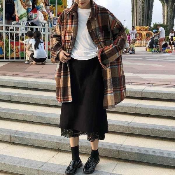 レディース　上下別売り　シャツ　ロング丈　チェック柄　スカート　レース　ミモレ丈　ゆったり　オーバーサイズ　長袖　カジュアル　キュート　可愛い　フェミニン　きれいめ　上品　おしゃれ　お出かけ　ブラック　ブラウン　フリーサイズ　送料無料