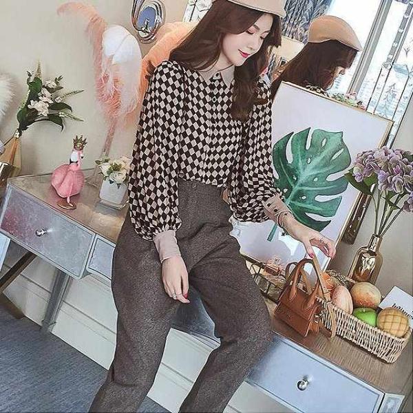 レディース　別売り　ブラウス　チェック柄　クロップドパンツ　アンクル丈　長袖　カジュアル　キュート　可愛い　フェミニン　きれいめ　上品　エレガント　おしゃれ　お出かけ　オフィス　お呼ばれ　ブラック　ブラウン　グレー　フリーサイズ　S　M　L　XL　送料無料