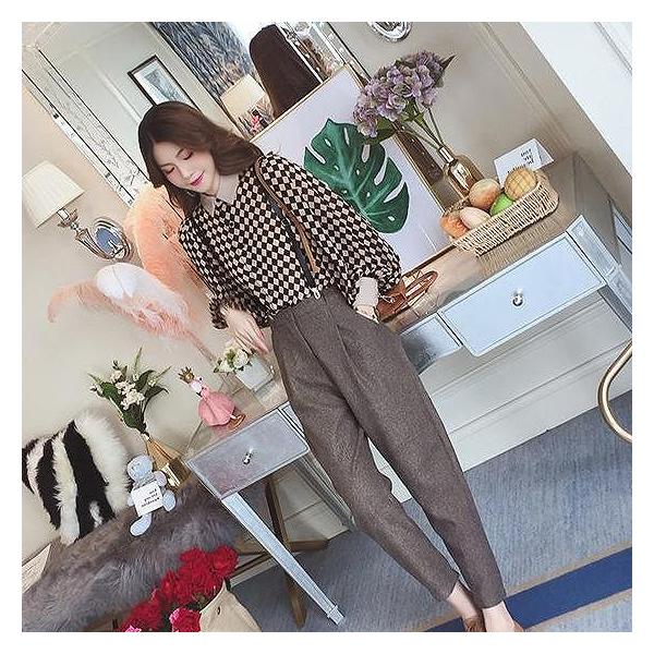 レディース　別売り　ブラウス　チェック柄　クロップドパンツ　アンクル丈　長袖　カジュアル　キュート　可愛い　フェミニン　きれいめ　上品　エレガント　おしゃれ　お出かけ　オフィス　お呼ばれ　ブラック　ブラウン　グレー　フリーサイズ　S　M　L　XL　送料無料