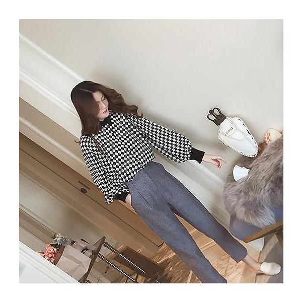 レディース　別売り　ブラウス　チェック柄　クロップドパンツ　アンクル丈　長袖　カジュアル　キュート　可愛い　フェミニン　きれいめ　上品　エレガント　おしゃれ　お出かけ　オフィス　お呼ばれ　ブラック　ブラウン　グレー　フリーサイズ　S　M　L　XL　送料無料