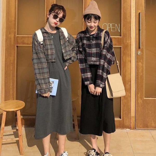 レディース　別売り　コート　ショート丈　ワンピース　長袖　Tシャツワンピ　ジャケット　チェック柄　羽織　カジュアル　キュート　可愛い　フェミニン　きれいめ　上品　エレガント　おしゃれ　お出かけ　ブラック　グレー　フリーサイズ　送料無料