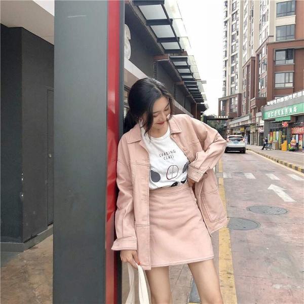 レディース　セット　ジャケット　スカート　シャツジャケット　ミニ丈　台形スカート　タイト　スリム　カジュアル　キュート　可愛い　フェミニン　きれいめ　上品　エレガント　おしゃれ　お出かけ　オフィス　お呼ばれ　ベージュ　ピンク　S　M　L　サイズ　送料無料