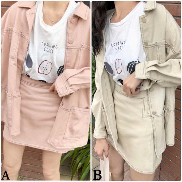 レディース　セット　ジャケット　スカート　シャツジャケット　ミニ丈　台形スカート　タイト　スリム　カジュアル　キュート　可愛い　フェミニン　きれいめ　上品　エレガント　おしゃれ　お出かけ　オフィス　お呼ばれ　ベージュ　ピンク　S　M　L　サイズ　送料無料