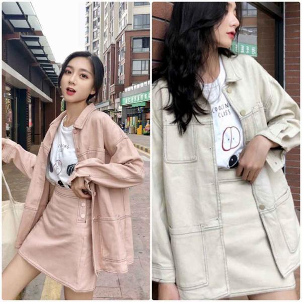 レディース　セット　ジャケット　スカート　シャツジャケット　ミニ丈　台形スカート　タイト　スリム　カジュアル　キュート　可愛い　フェミニン　きれいめ　上品　エレガント　おしゃれ　お出かけ　オフィス　お呼ばれ　ベージュ　ピンク　S　M　L　サイズ　送料無料