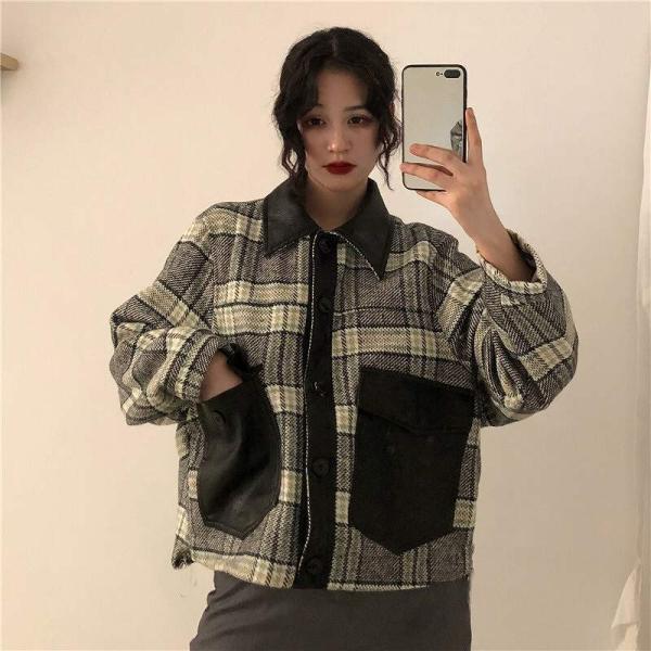 レディース　ジャケット　チェック柄　PUレザー　アウター　コート　秋　冬　カジュアル　キュート　大人　可愛い　大人女子　フェミニン　きれいめ　エレガント　おしゃれ　お出かけ　お呼ばれ　デイリー　オフィス　ブラック　レッド　フリーサイズ　送料無料