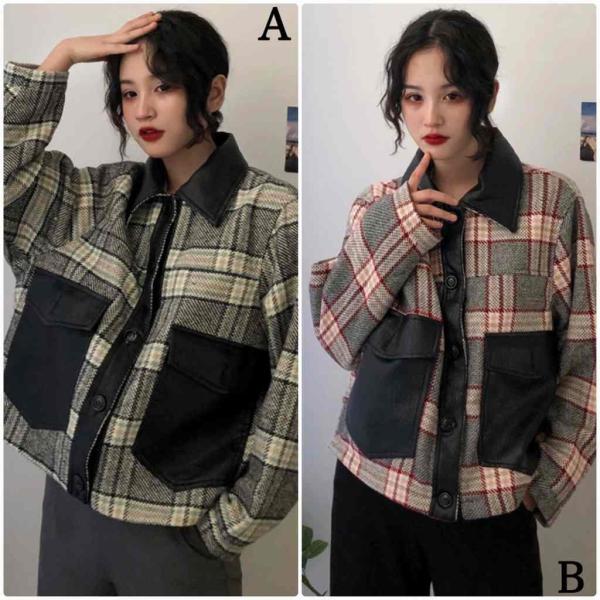 レディース　ジャケット　チェック柄　PUレザー　アウター　コート　秋　冬　カジュアル　キュート　大人　可愛い　大人女子　フェミニン　きれいめ　エレガント　おしゃれ　お出かけ　お呼ばれ　デイリー　オフィス　ブラック　レッド　フリーサイズ　送料無料