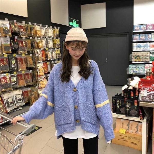 レディース　カーディガン　ライン　Vネック　秋　冬　長袖　ニット　セーター　羽織　アウター　長袖　トップス　カジュアル　キュート　大人　可愛い　大人女子　フェミニン　おしゃれ　お出かけ　オフィス　デイリー　普段着　ブルー　フリーサイズ　送料無料