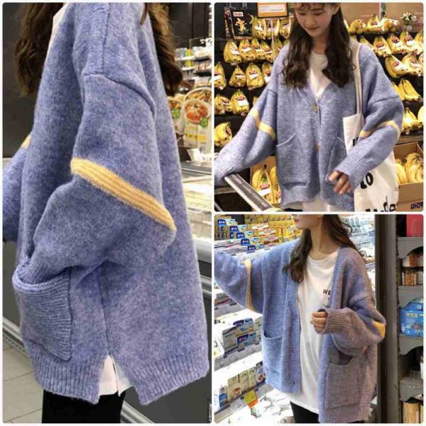 レディース　カーディガン　ライン　Vネック　秋　冬　長袖　ニット　セーター　羽織　アウター　長袖　トップス　カジュアル　キュート　大人　可愛い　大人女子　フェミニン　おしゃれ　お出かけ　オフィス　デイリー　普段着　ブルー　フリーサイズ　送料無料