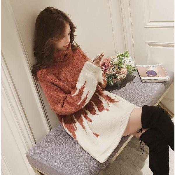 レディース　ニット　セーター　ロング丈　タートルネック　ハイネック　オーバーサイズ　長袖　プルオーバー　トップス　秋　冬　カジュアル　キュート　大人　可愛い　大人女子　フェミニン　おしゃれ　お出かけ　デイリー　レッド　ブルー　フリーサイズ　送料無料