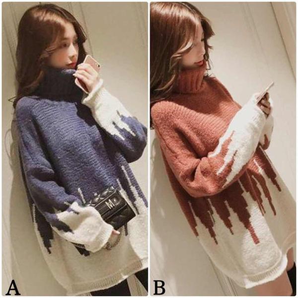 レディース　ニット　セーター　ロング丈　タートルネック　ハイネック　オーバーサイズ　長袖　プルオーバー　トップス　秋　冬　カジュアル　キュート　大人　可愛い　大人女子　フェミニン　おしゃれ　お出かけ　デイリー　レッド　ブルー　フリーサイズ　送料無料