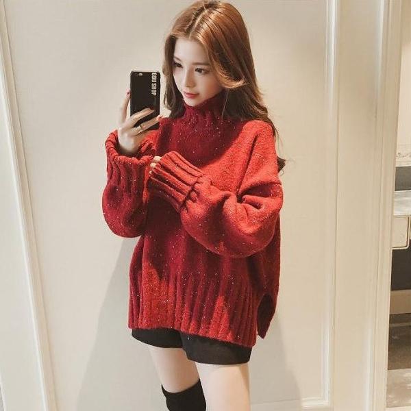 レディース　ニット　セーター　ハイネック　長袖　あったか　ゆったり　オーバーサイズ　プルオーバー　トップス　秋　冬　カジュアル　キュート　大人　可愛い　大人女子　フェミニン　おしゃれ　お出かけ　オフィス　デイリー　グリーン　レッド　フリーサイズ　送料無料