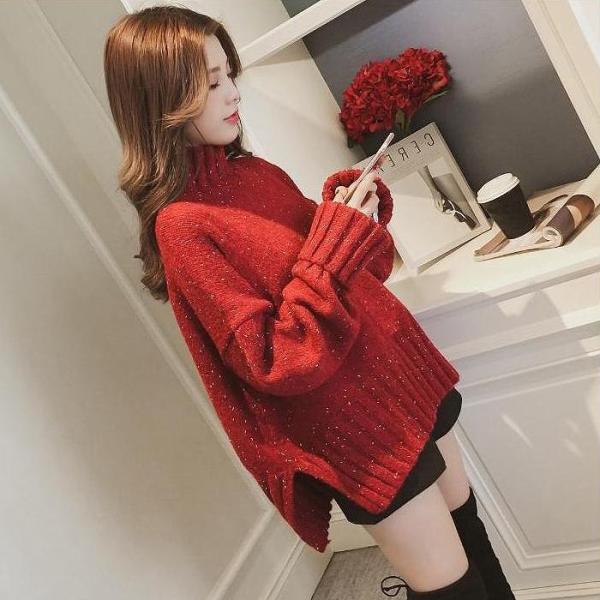 レディース　ニット　セーター　ハイネック　長袖　あったか　ゆったり　オーバーサイズ　プルオーバー　トップス　秋　冬　カジュアル　キュート　大人　可愛い　大人女子　フェミニン　おしゃれ　お出かけ　オフィス　デイリー　グリーン　レッド　フリーサイズ　送料無料