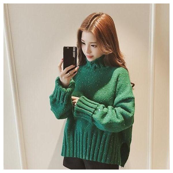 レディース　ニット　セーター　ハイネック　長袖　あったか　ゆったり　オーバーサイズ　プルオーバー　トップス　秋　冬　カジュアル　キュート　大人　可愛い　大人女子　フェミニン　おしゃれ　お出かけ　オフィス　デイリー　グリーン　レッド　フリーサイズ　送料無料