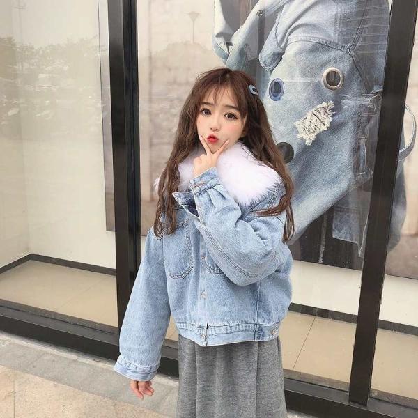 レディース　デニムジャケット　エコファー　フェイクファー　ジージャン　アウター　秋　冬　カジュアル　長袖　キュート　大人　可愛い　フェミニン　きれいめ　エレガント　おしゃれ　お出かけ　お呼ばれ　デイリー　普段着　ブルー　フリーサイズ　送料無料