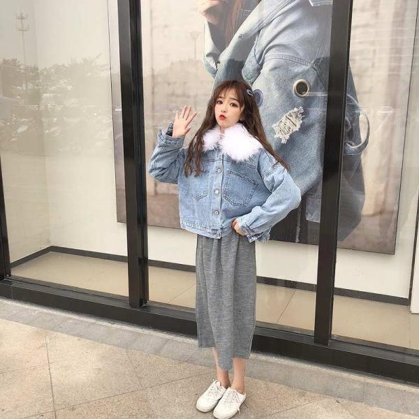 レディース　デニムジャケット　エコファー　フェイクファー　ジージャン　アウター　秋　冬　カジュアル　長袖　キュート　大人　可愛い　フェミニン　きれいめ　エレガント　おしゃれ　お出かけ　お呼ばれ　デイリー　普段着　ブルー　フリーサイズ　送料無料